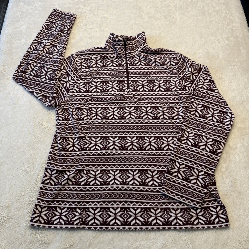 Lands End Women Fleece 1/4 Zip Pullover Maroon Snowflake XL Layering Classic